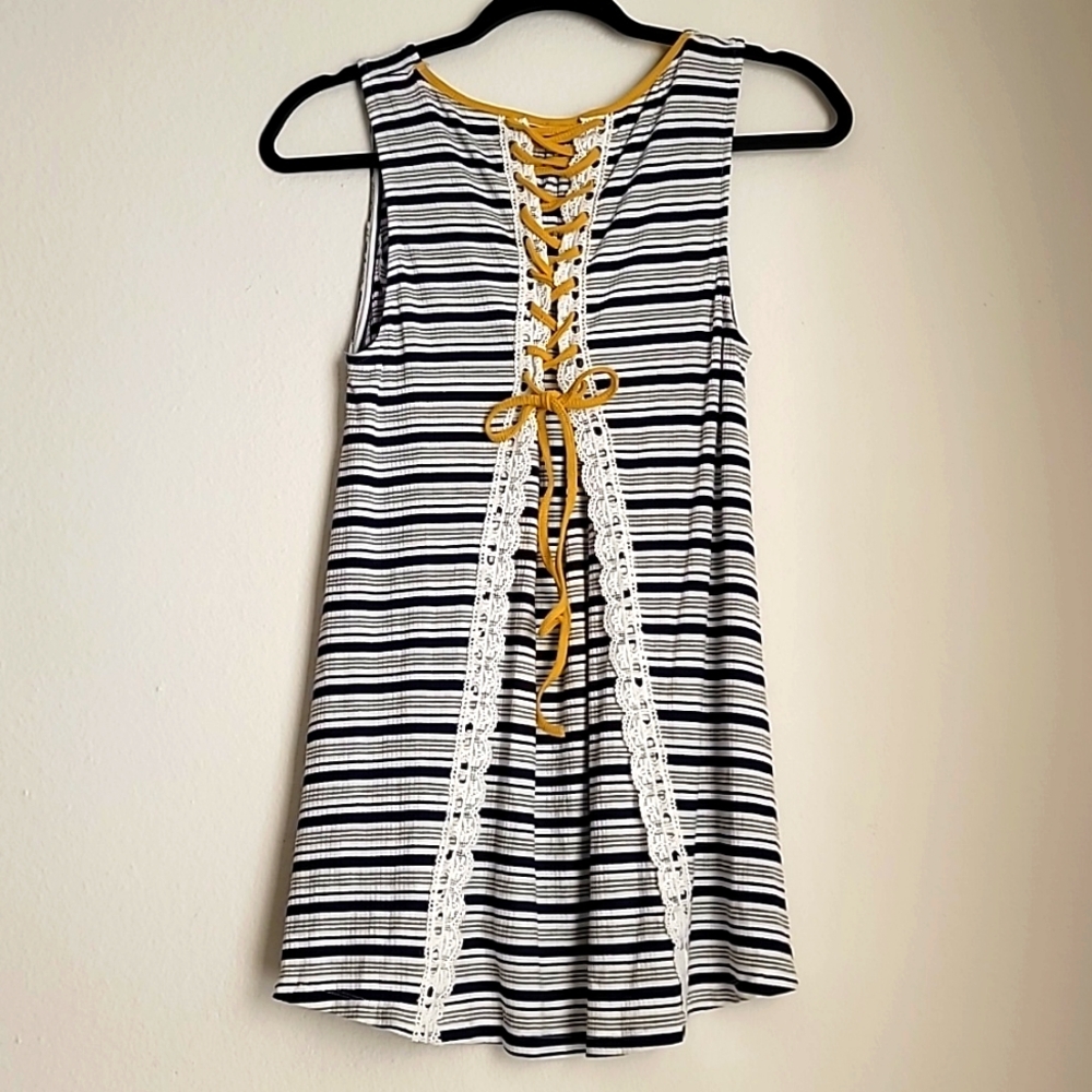 Hem & Thread Blue White Yellow Stripe Lace Up Tank Size Small NWT